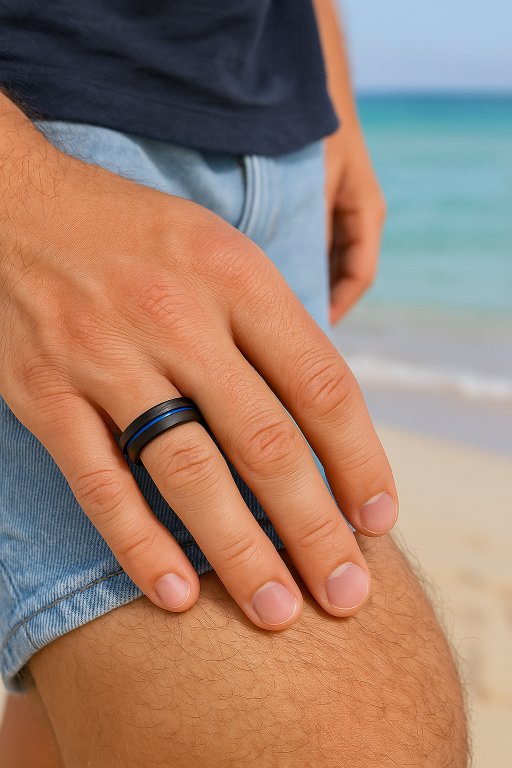 brushed tungsten ring with blue groove for men